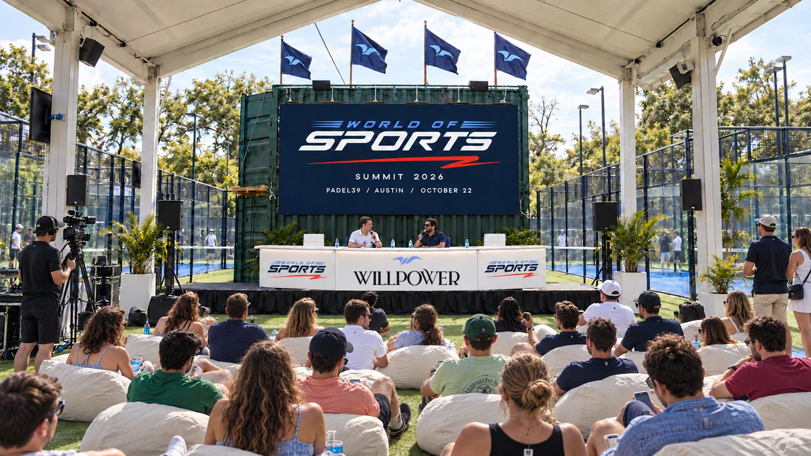 World of Sports stage mockup with the white Halo Bar desk, Willpower and World of Sports logos, and seated audience