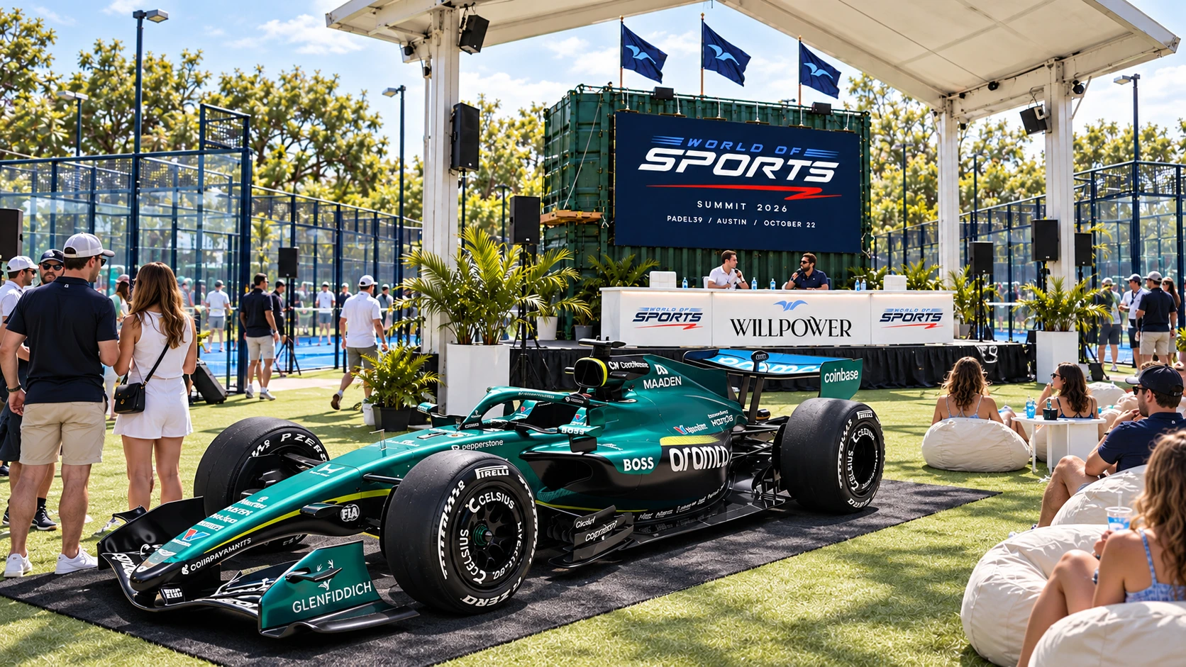 Illustrative concept of the Aston Martin Aramco F1 car displayed beside the World of Sports stage at Padel39