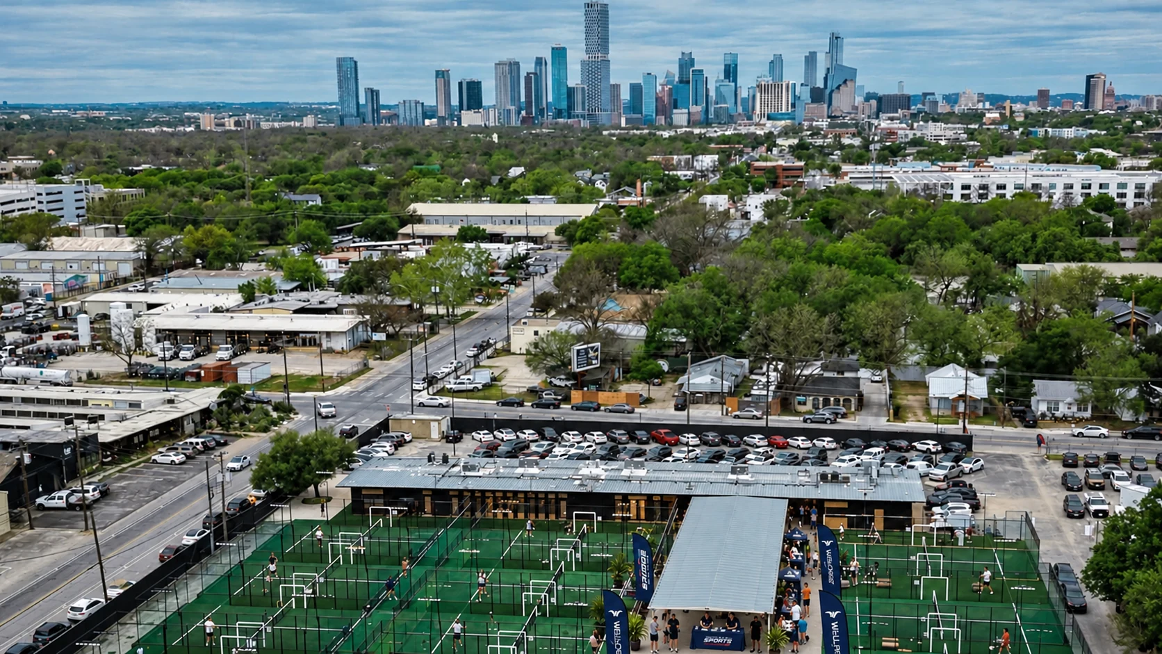 World of Sports campus mockup based on the real Padel39 East Austin aerial