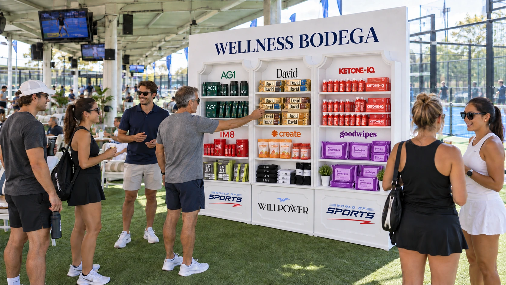Wellness Bodega mockup with the white merchandise wall and three Morgan bookshelves, stocked with confirmed products at Padel39