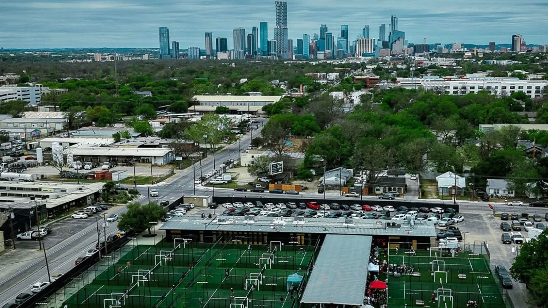 Aerial view of Padel39 East Austin and the Austin skyline
