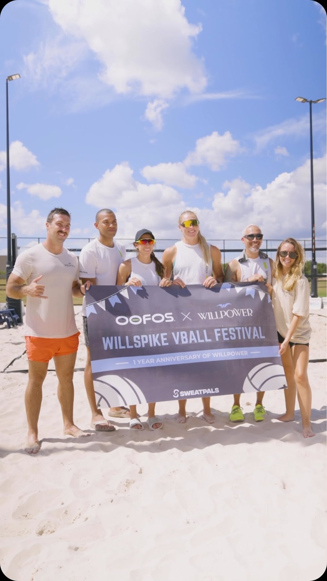 Willspike VBall Festival — OOFOS x Willpower banner with the Austin crew and Carly Wopat