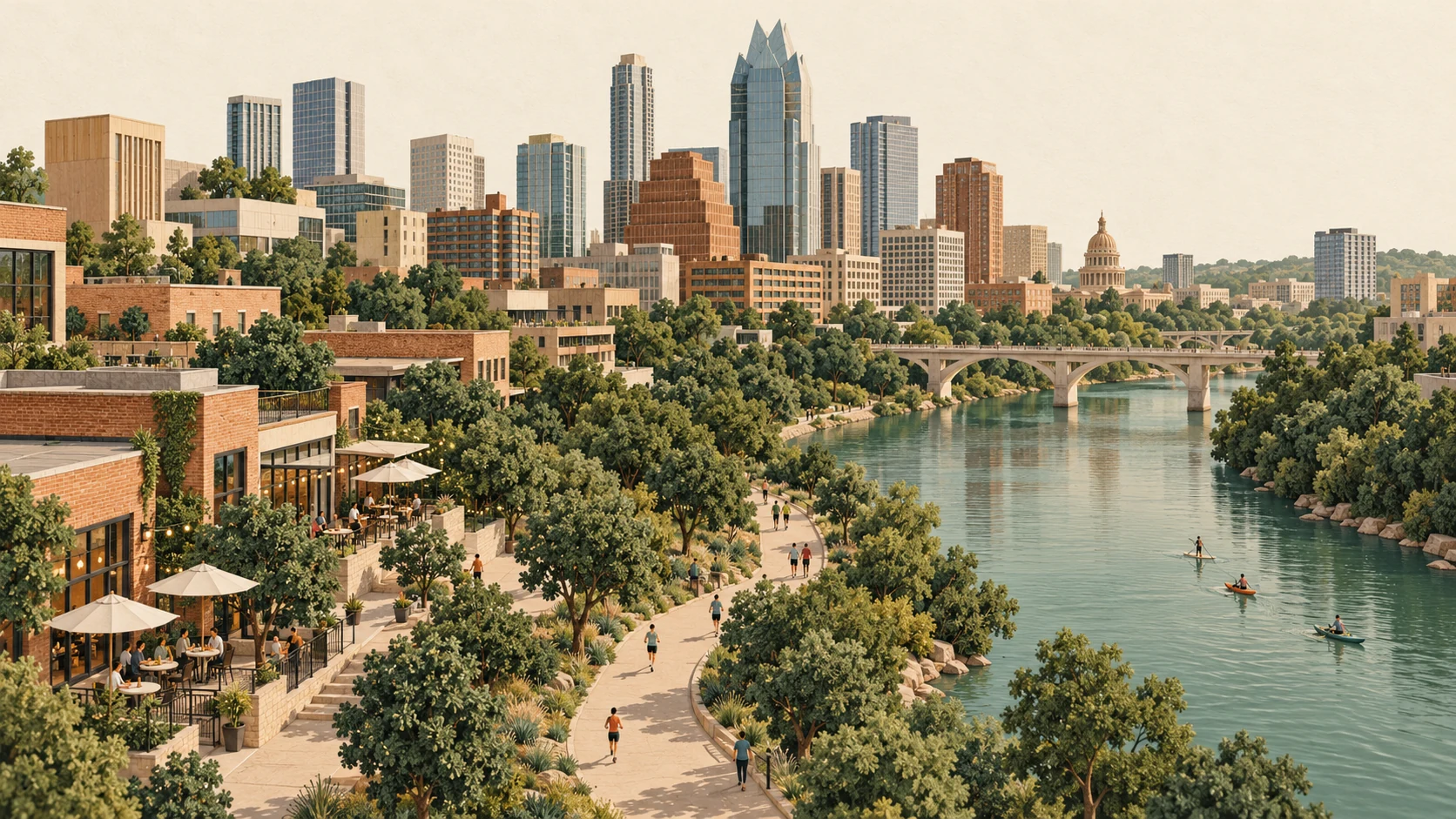 An editorial illustration of Austin and the Lady Bird Lake trail